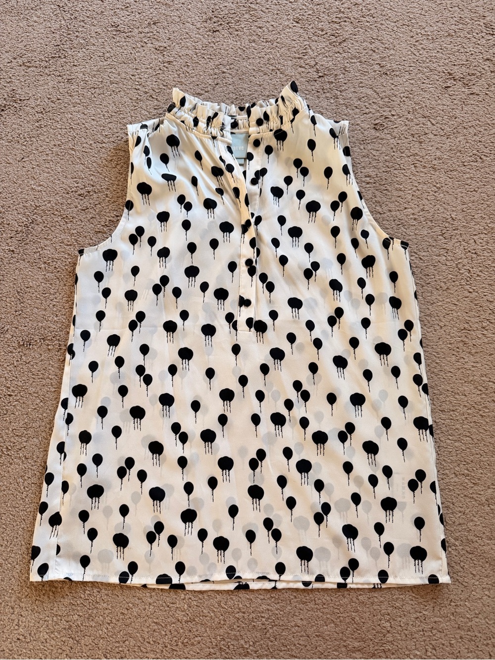 Maeve Black Balloon Print Sleeveless Ruffle-Neck Top - White